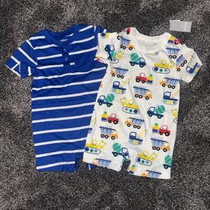 2-Pack Baby Rompers - Construction Print & Blue Stripe